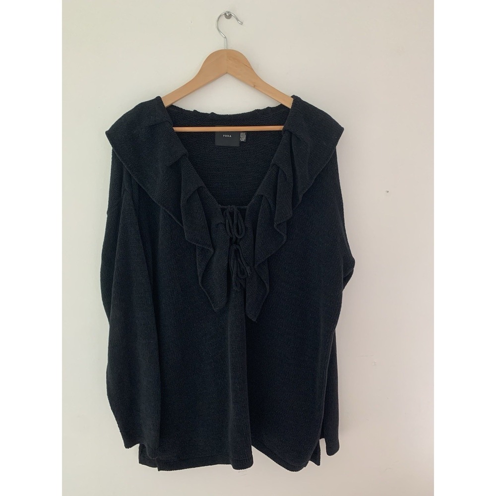 PURA 100% Cotton Black Ruffle Neck And Ties Sweater Approx XL Soft Cozy Romantic